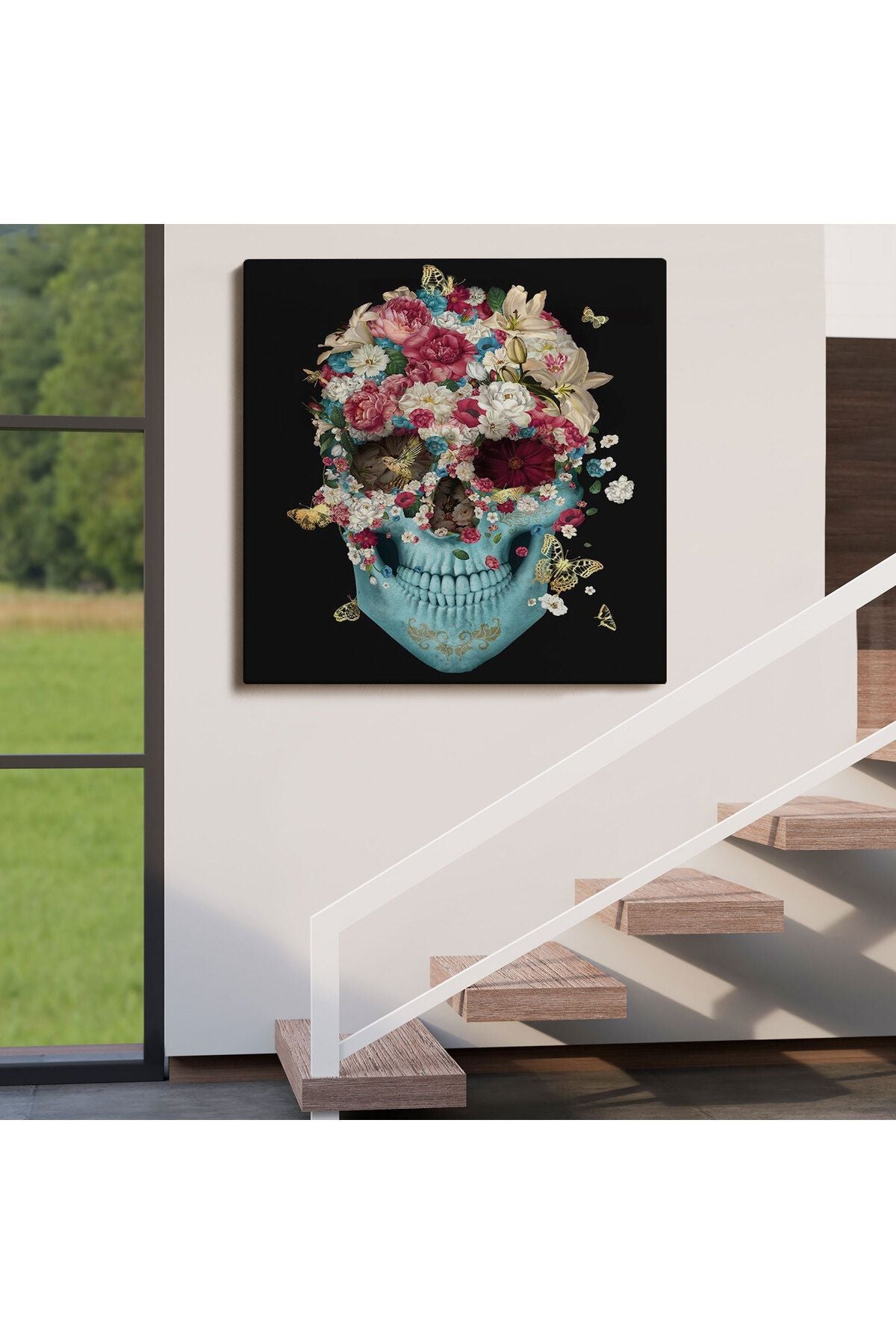 Renkli Çiçeklerle Kafatası Kanvas Tablo, Ölülerin Günü Baskıları, Şeker Kafatası-5332