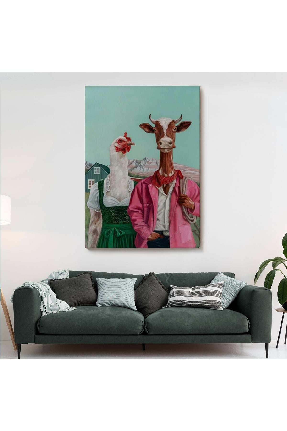 YB HG Tavuk ve İnek Amerikan Gotik Komik Çiftlik Tablosu-6349