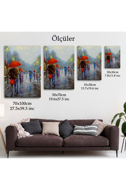 Yağmurda Yürüyen Romantik Çift Yağlıboya Görünüm Dekoratif Kanvas Duvar Tablosu-5943
