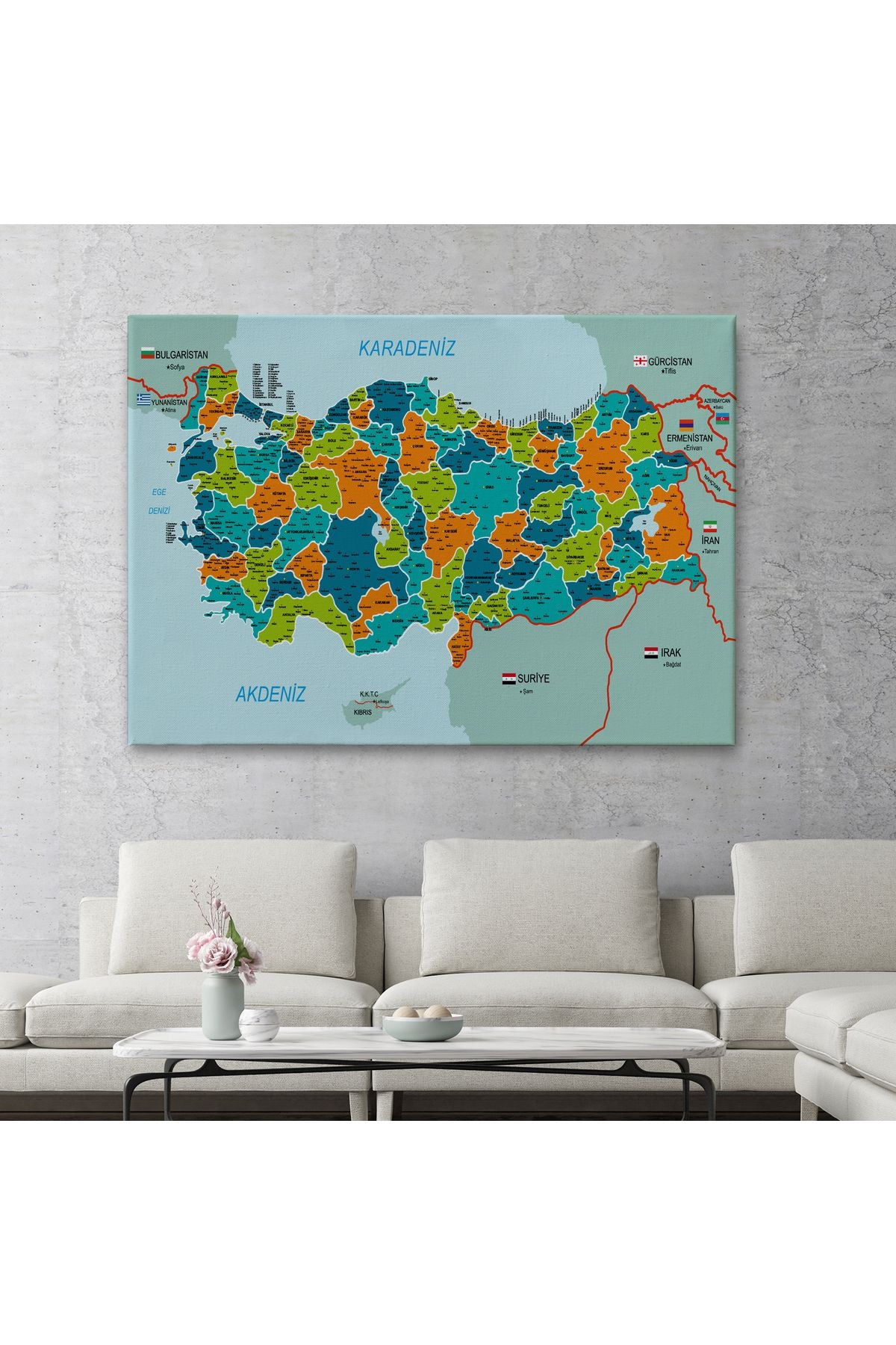 Türkiye Haritası Kanvas Tablo İl ve İlçeli Ayrıntılı Eğitici Komşulu Tablo 3015