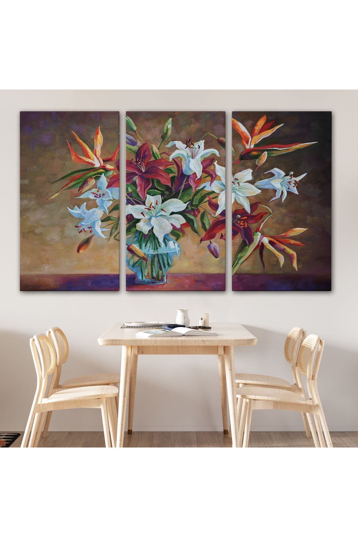 DB Zambak Çiçekleri Yağlıboya Görünüm Dekoratif Kanvas Duvar Tablosu-3602