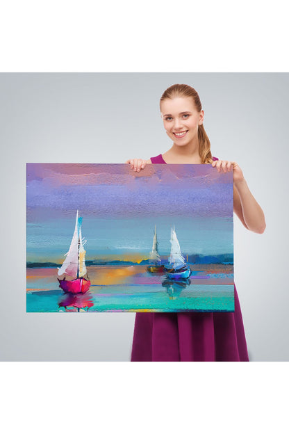 Denizdeki Yelkenliler Yağlıboya Görünüm Dekoratif Kanvas Duvar Tablosu-3616