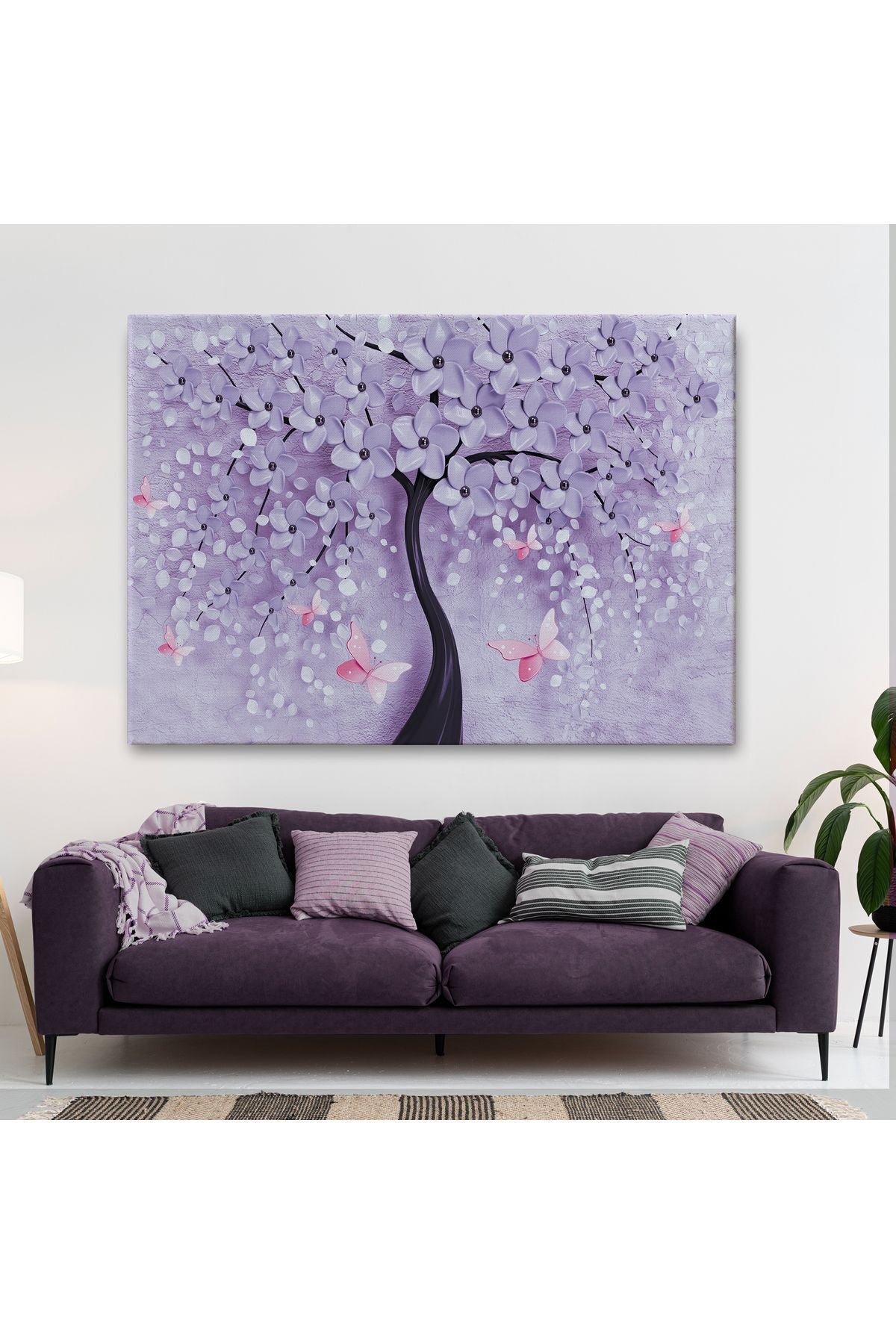 Mavi İnci Çiçekler ve Kelebekler Dekoratif Kanvas Duvar Tablosu-3738