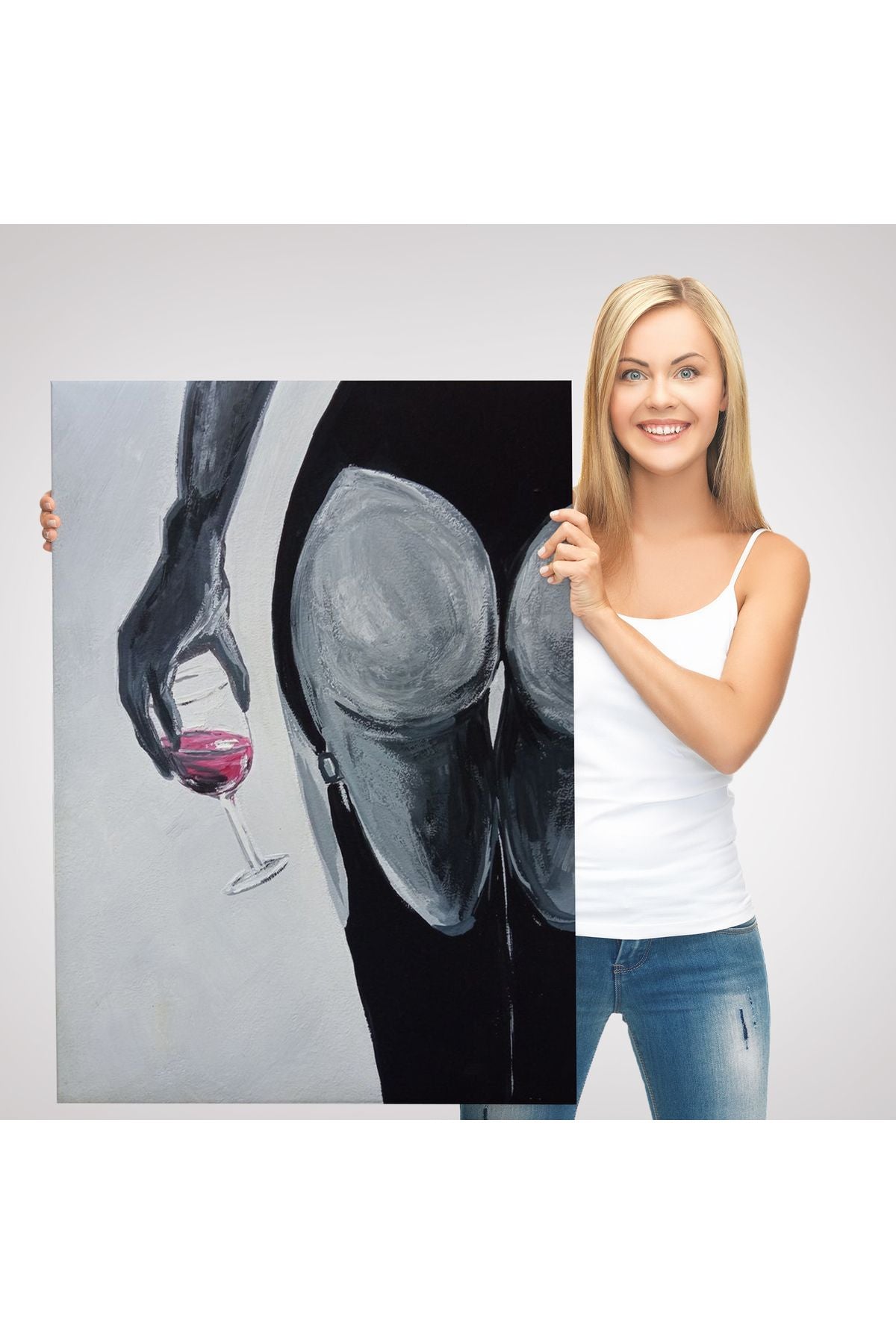 Kızmızı Şarap İçen Sexi Kadın Duvar Tablosu-6219