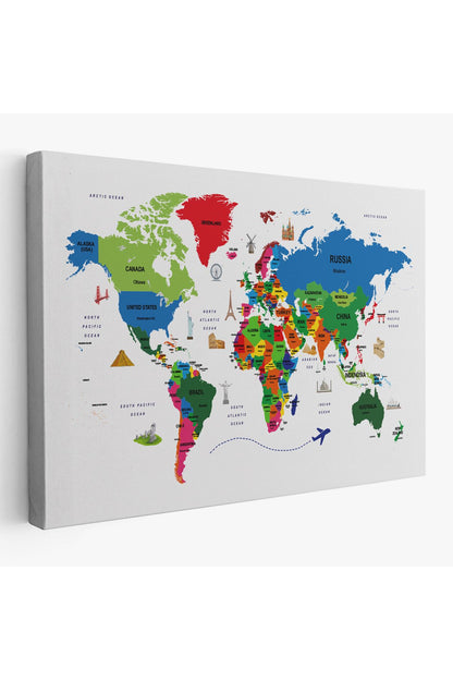 Dünya Haritası Dekoratif Kanvas Tablo Ülke ve Başkentli Öğretici ve Sembollü 2331