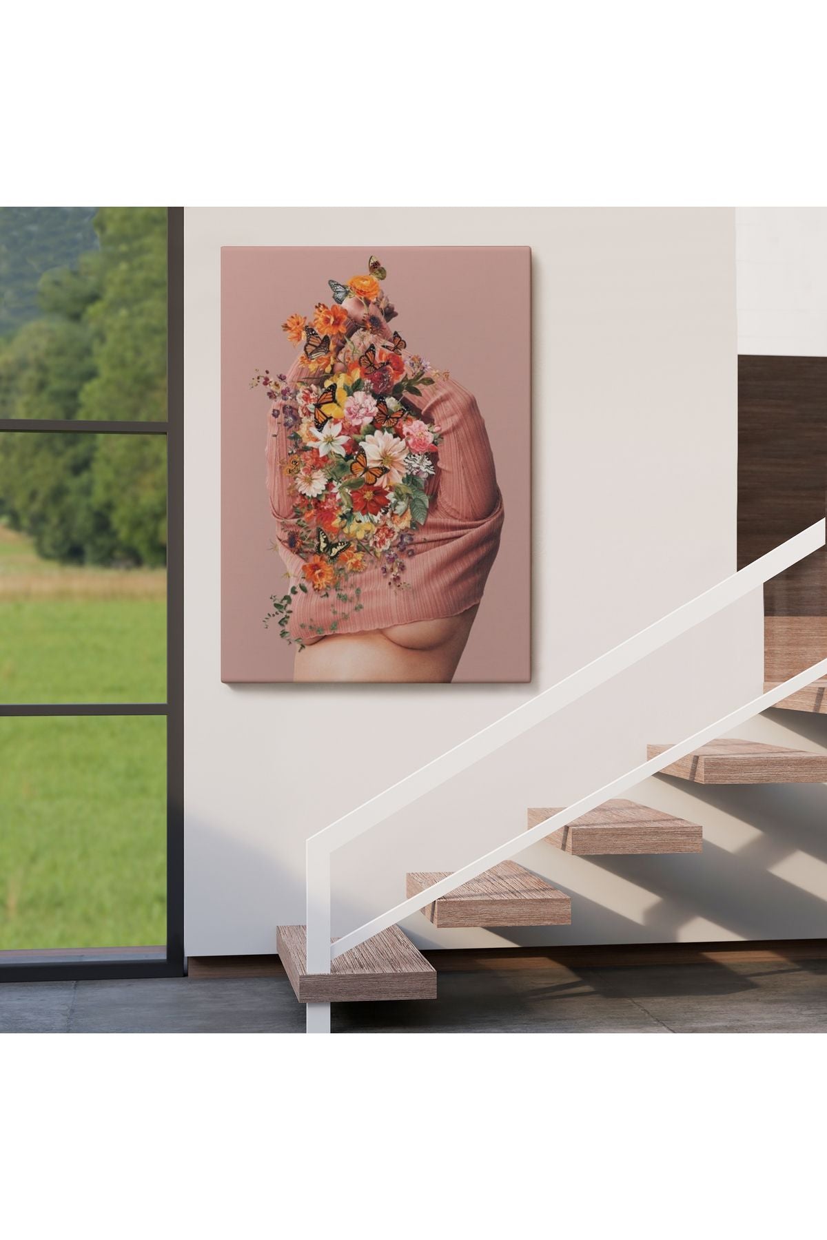 Soyunan Kadın Renkli Kelebekler ve Çiçekler Detaylı Tablo-6060