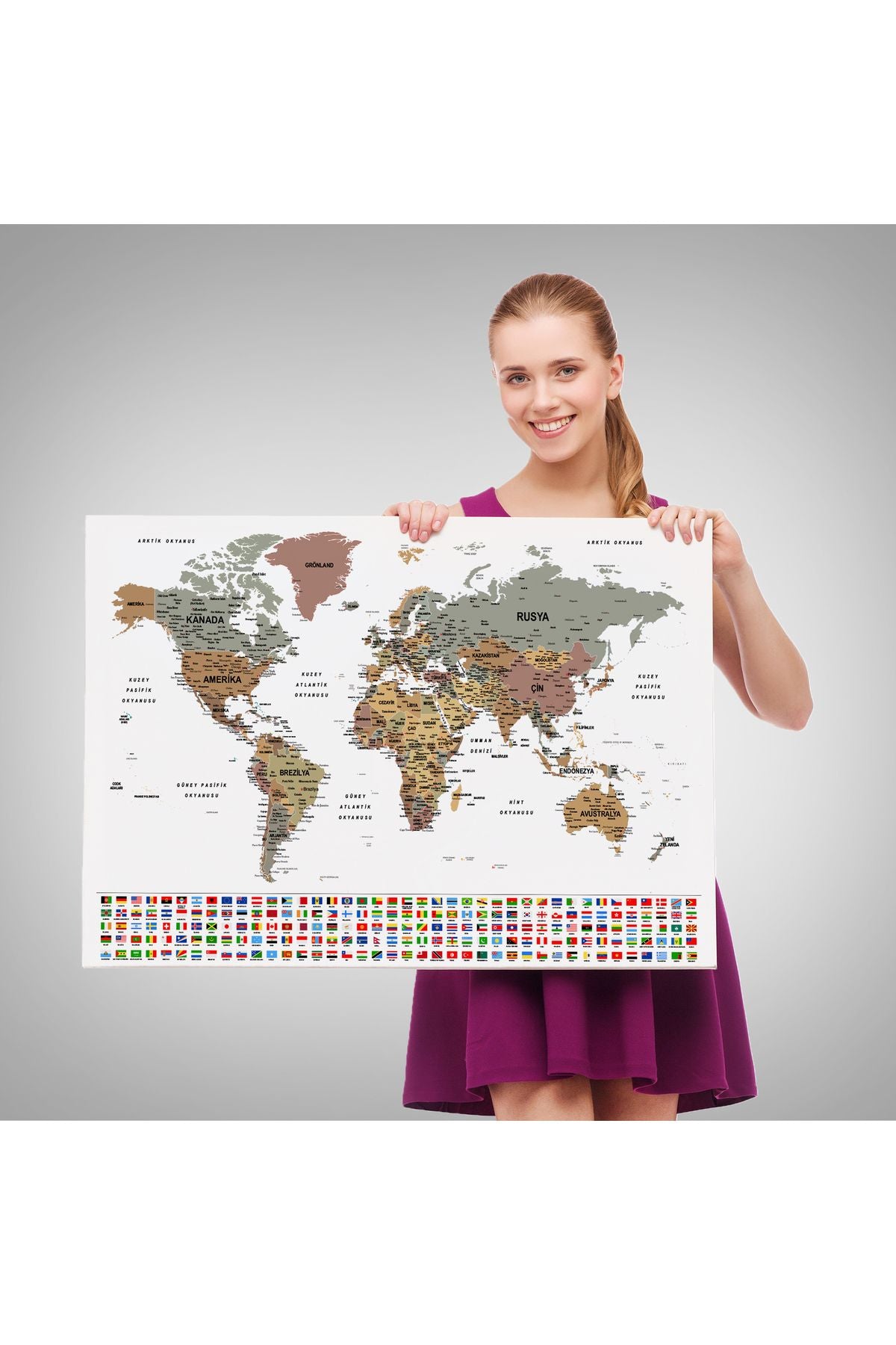 Türkçe Dünya Haritası Son Derece Ayrıntılı Eğitici ve Bayraklı Kanvas Tablo 2809