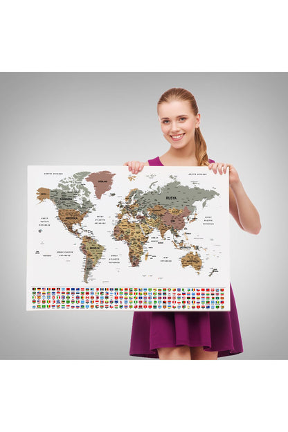 Türkçe Dünya Haritası Son Derece Ayrıntılı Eğitici ve Bayraklı Kanvas Tablo 2809
