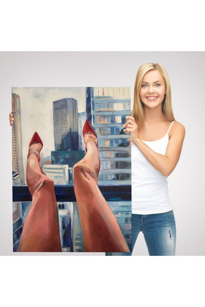 New York da Dinlenen Kırmızı Ayakkabılı Sexi Kadın Tablosu-6184