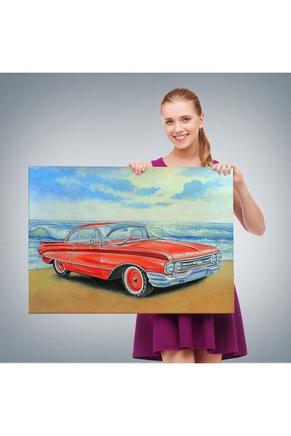 Kızmızı Retro Araba Yağlıboya Görünüm Dekoratif Kanvas Duvar Tablosu-3499