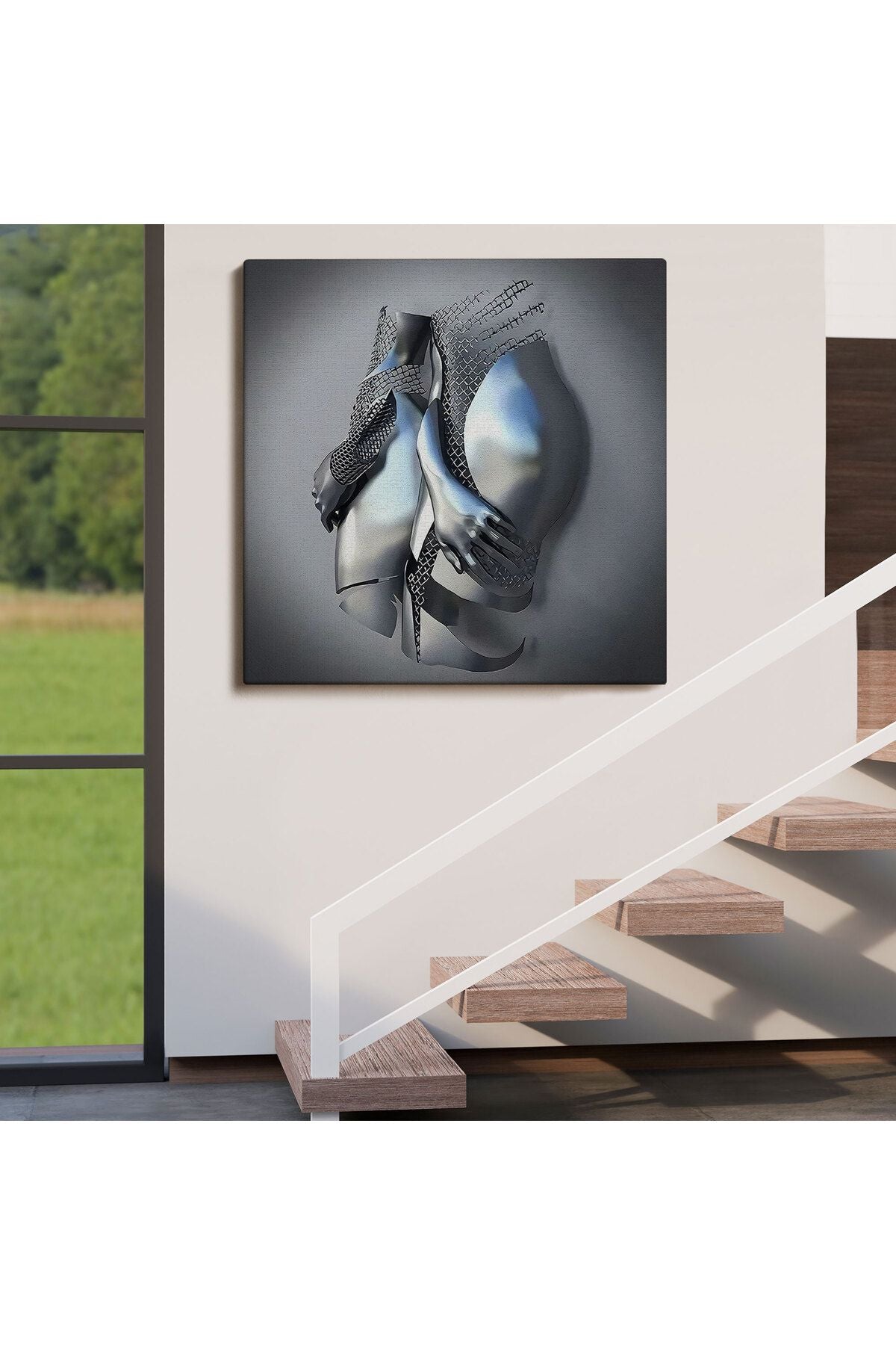 Romantik Beden, 3D Efekti Gri ve Gümüş İnsan Metalik Kanvas Tablo-5359