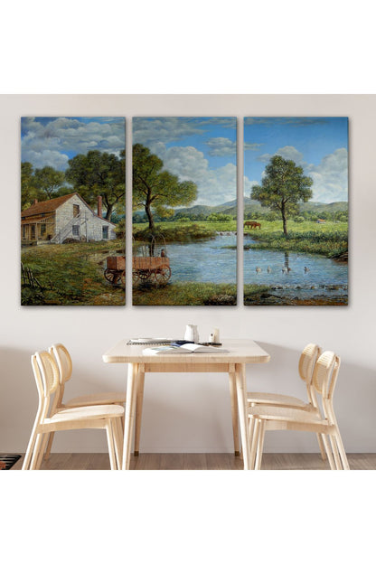 Köy Ve Akarsu Manzaralı Dekoratif Kanvas Duvar Tablosu-3425