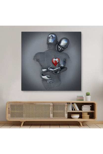 Aşk Sanatı, 3D Efekti Gümüş İnsan, Gri ve Gümüş Metalik Efektli Kanvas Tablo-5353