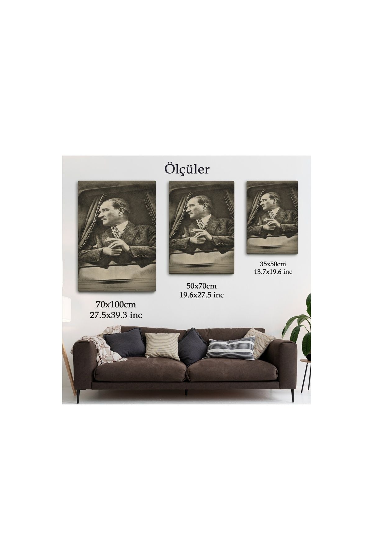 Mustafa Kemal Atatürk'ün Karakalem Görünümlü Portre Çizimi Dikdörtgen Dekoratif Kanvas Tablo-de-82