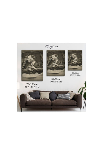 Mustafa Kemal Atatürk'ün Karakalem Görünümlü Portre Çizimi Dikdörtgen Dekoratif Kanvas Tablo-de-82