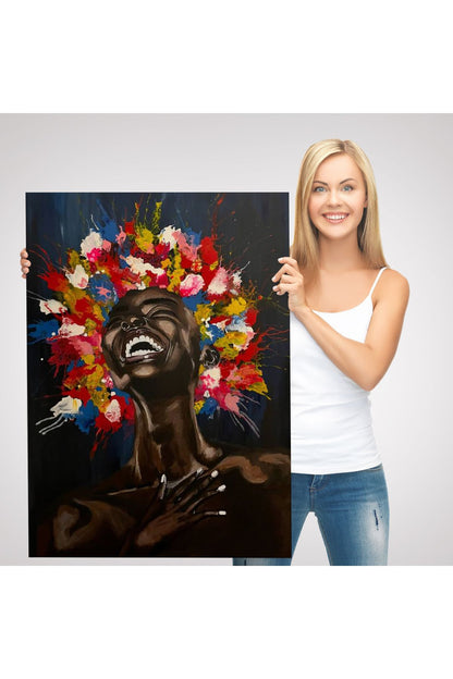 Yağlıboya Görünümlü Renkli Saçlı Gülen Siyahi Kadın Tablosu-6367