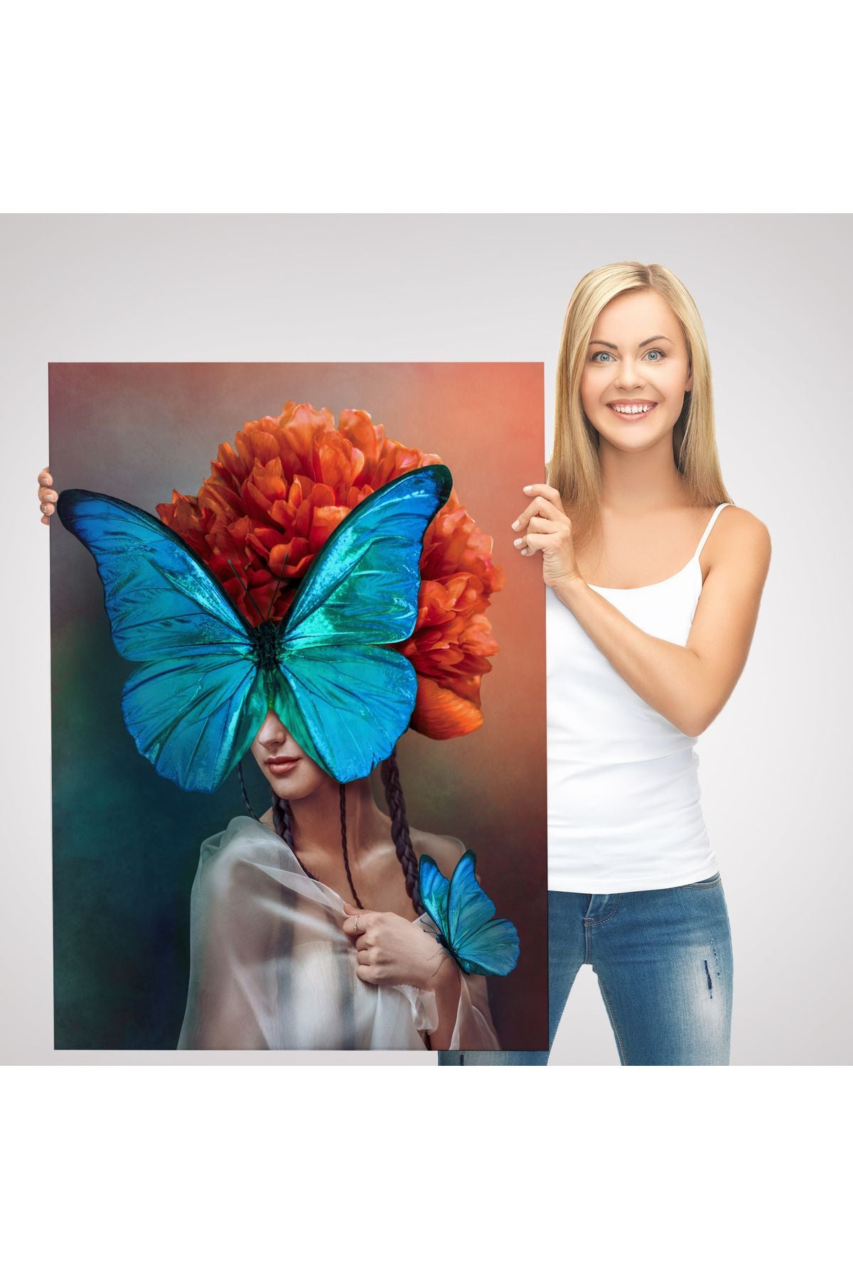 Mavi Kelebekli Kadın Yağlıboya Görünüm Dekoratif Kanvas Duvar Tablosu-5947