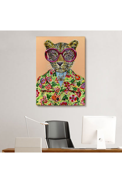 Kokoş Leopar, Çiçek Taçlı Sosyetik Leopar Tablosu -6325