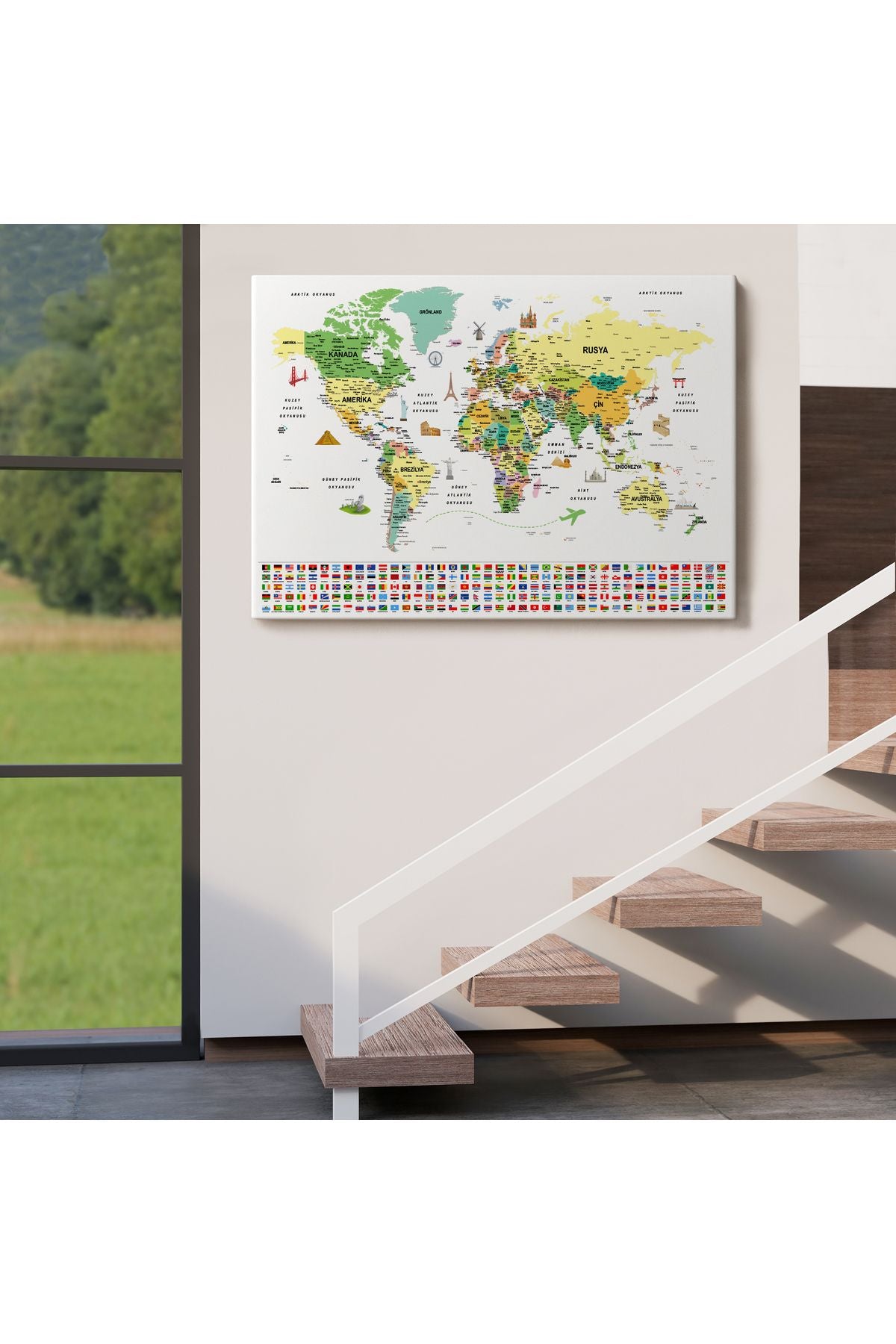 arg001 seri Türkçe Dünya Haritası Ayrıntılı Eğitici  Sembollü Bayraklı Dekoratif Kanvas Tablo 2848