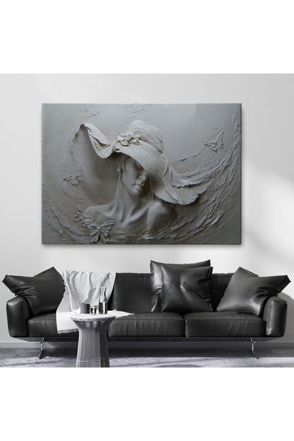 Kabartma Görünümlü Şapkalı Kadın Kanvas Duvar Tablosu -3424