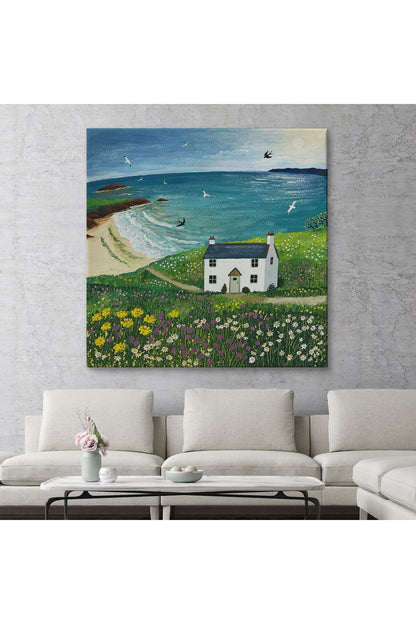 İngiltere Sahilindeki Beyaz Külübe, Martılar ve Çiçekler Kanvas Tablo-5852