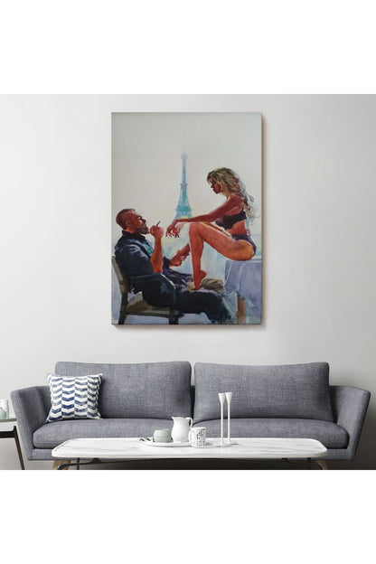 Paris Eyfel Manzaralı Sevgililer Suluboya Görünümlü Duvar Tablosu-6298
