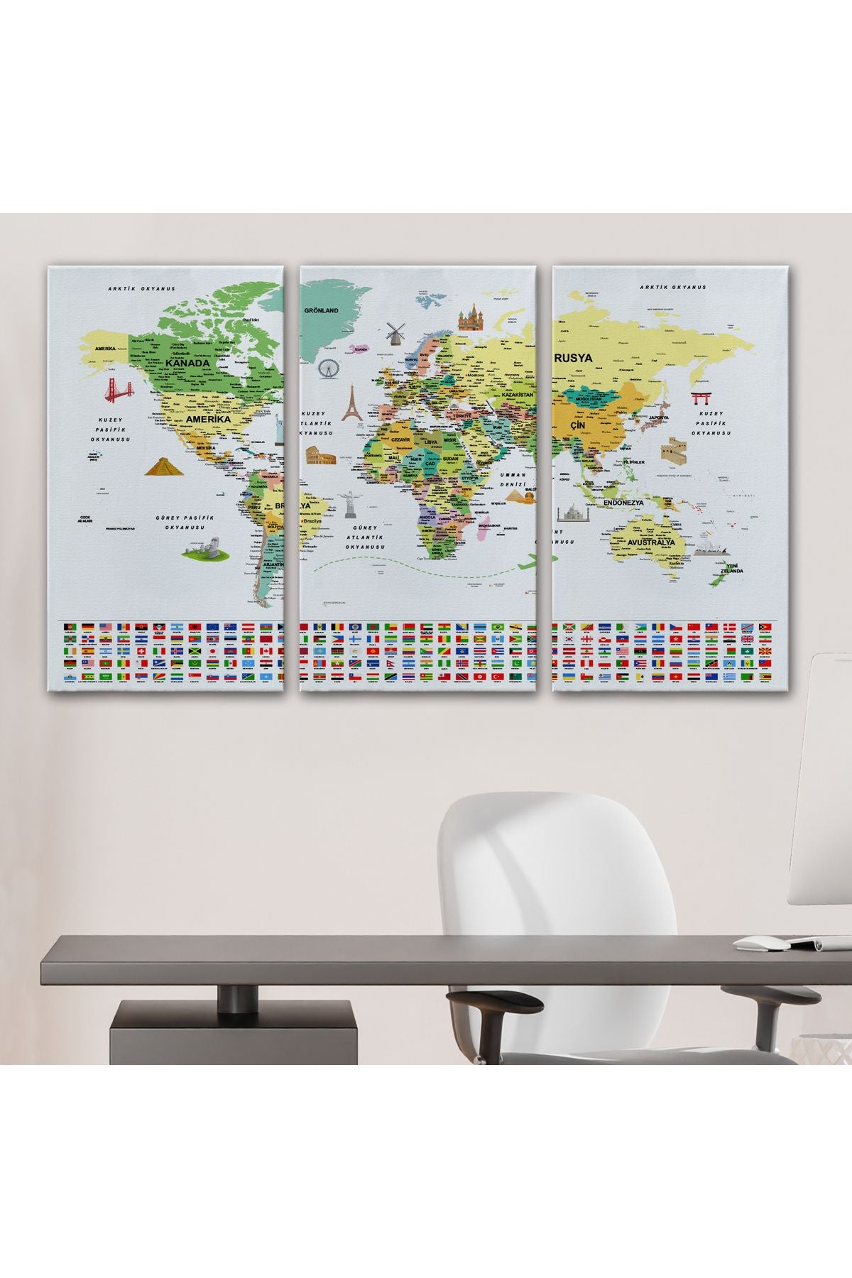 arg001 seri Türkçe Dünya Haritası Ayrıntılı Eğitici  Sembollü Bayraklı Dekoratif Kanvas Tablo 2848