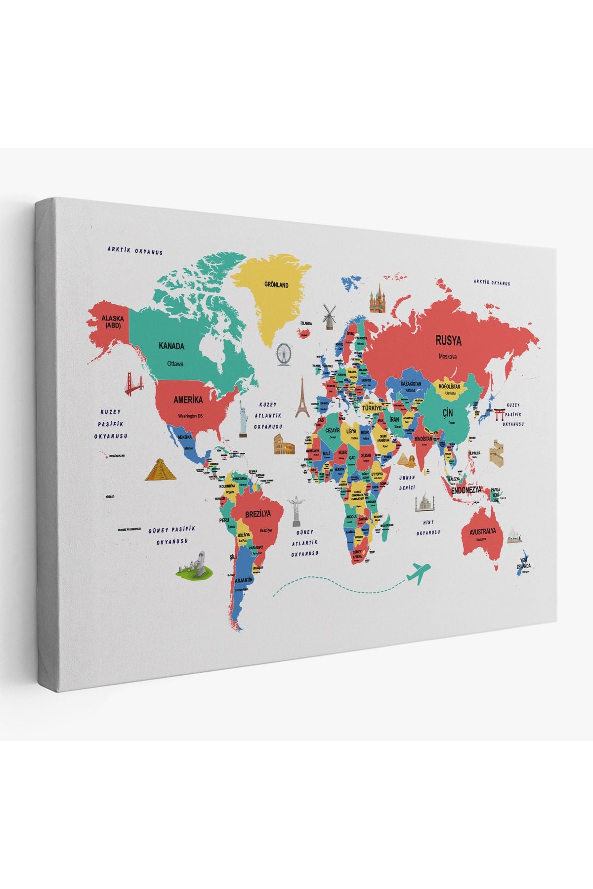 Türkçe Dünya Haritası Dekoratif Kanvas Tablo Ülke-Başkentli Öğretici ve Sembollü 2314