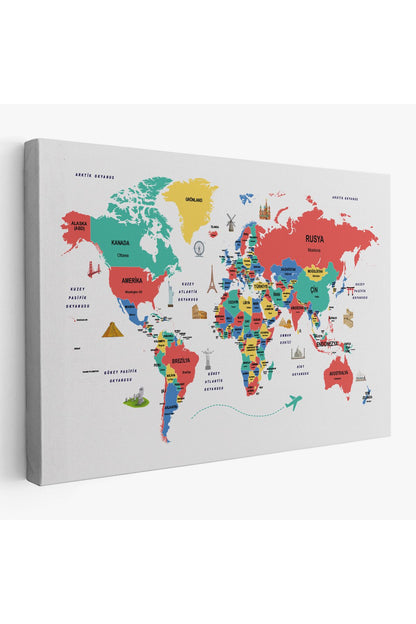 Türkçe Dünya Haritası Dekoratif Kanvas Tablo Ülke-Başkentli Öğretici ve Sembollü 2314