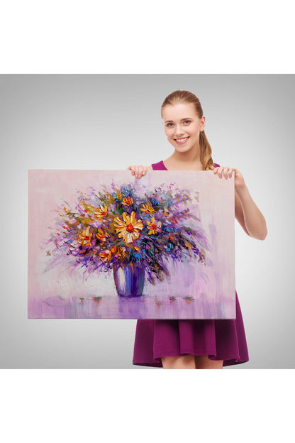Yağlıboya Görünümlü Vazo İçerisindeki Renkli Çiçekler Duvar Tablosu-3635