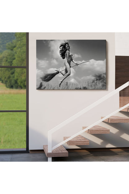 Süpürge İle Uçan Çıplak Kandın Kanvas Tablo-5145
