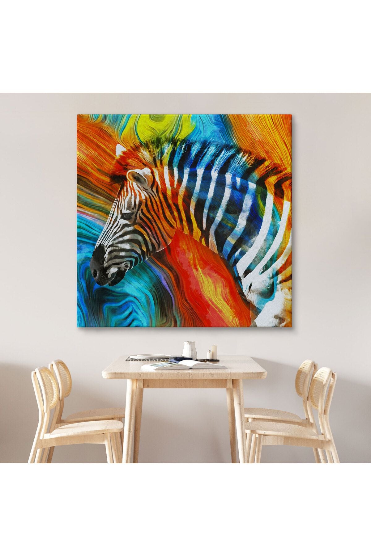 Renkli Zebra Yağlıboya Görünüm Dekoratif Kanvas Duvar Tablosu-5843