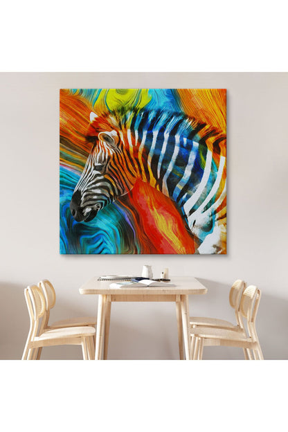 Renkli Zebra Yağlıboya Görünüm Dekoratif Kanvas Duvar Tablosu-5843