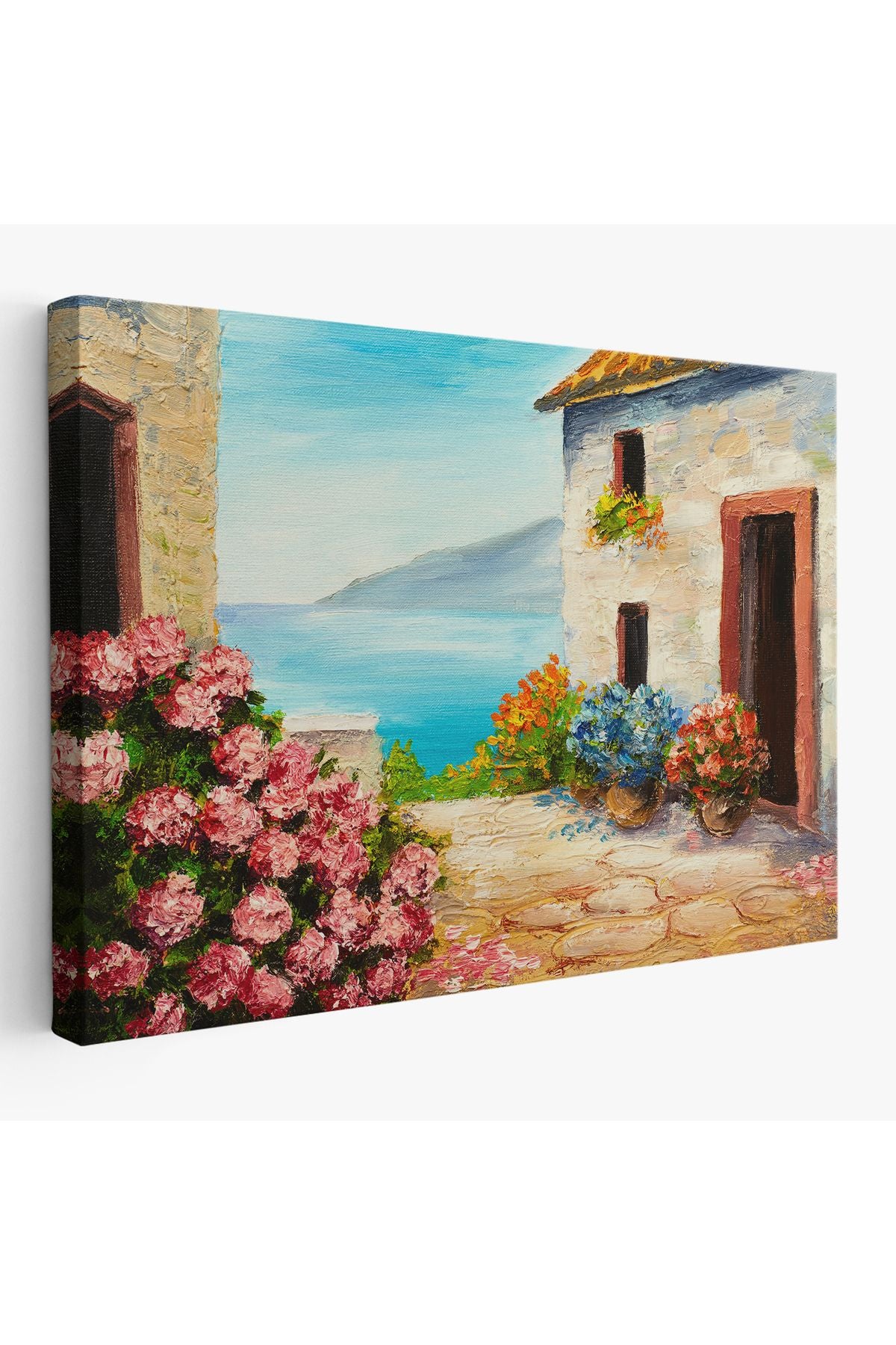 Çiçekler Arasındaki Deniz Manzaralı Ev Duvar Tablosu-3640