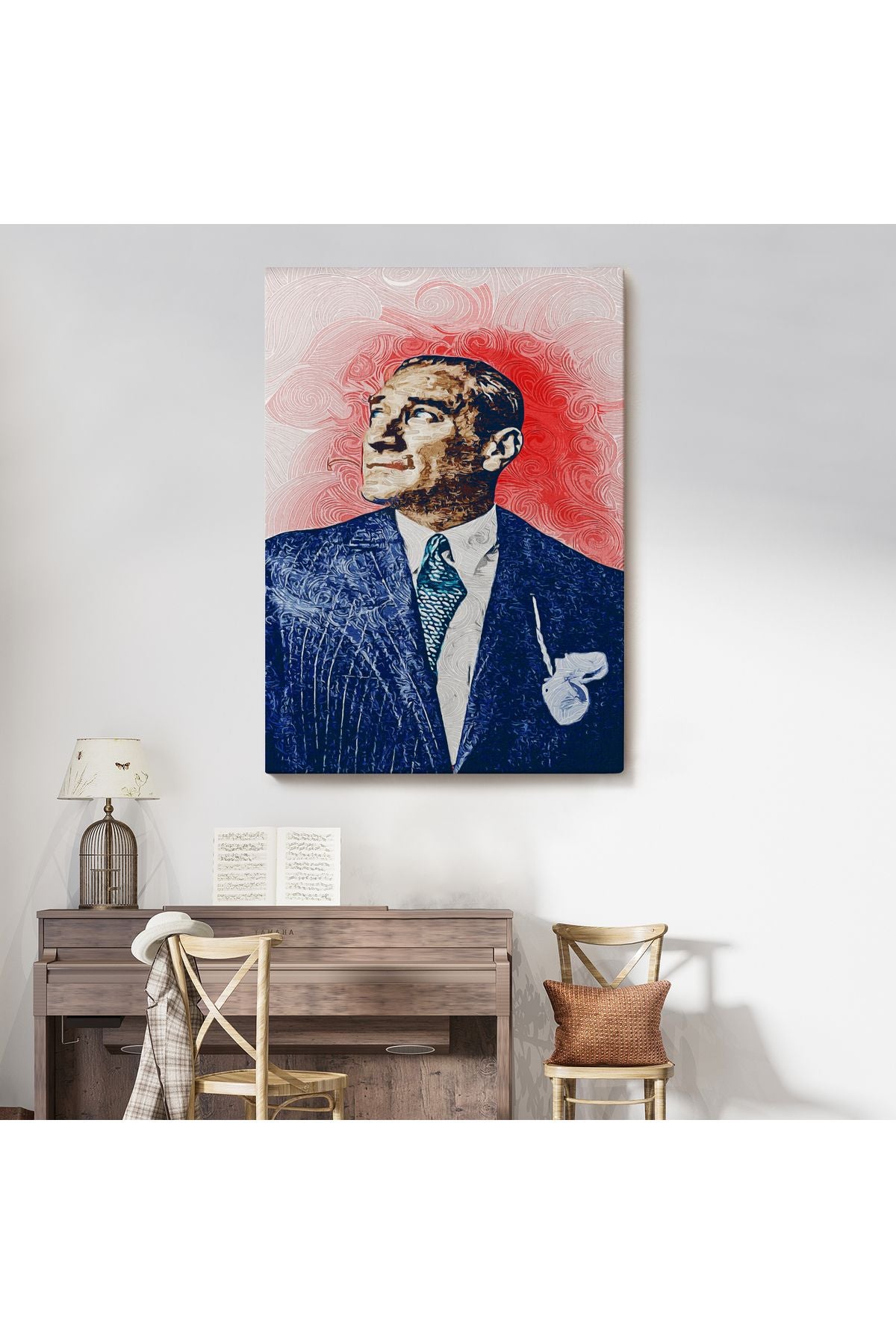 Mustafa Kemal Atatürk'ün Yağlıboya Görünümlü Portre Çizimi Dekoratif Kanvas Tablo-DD-81