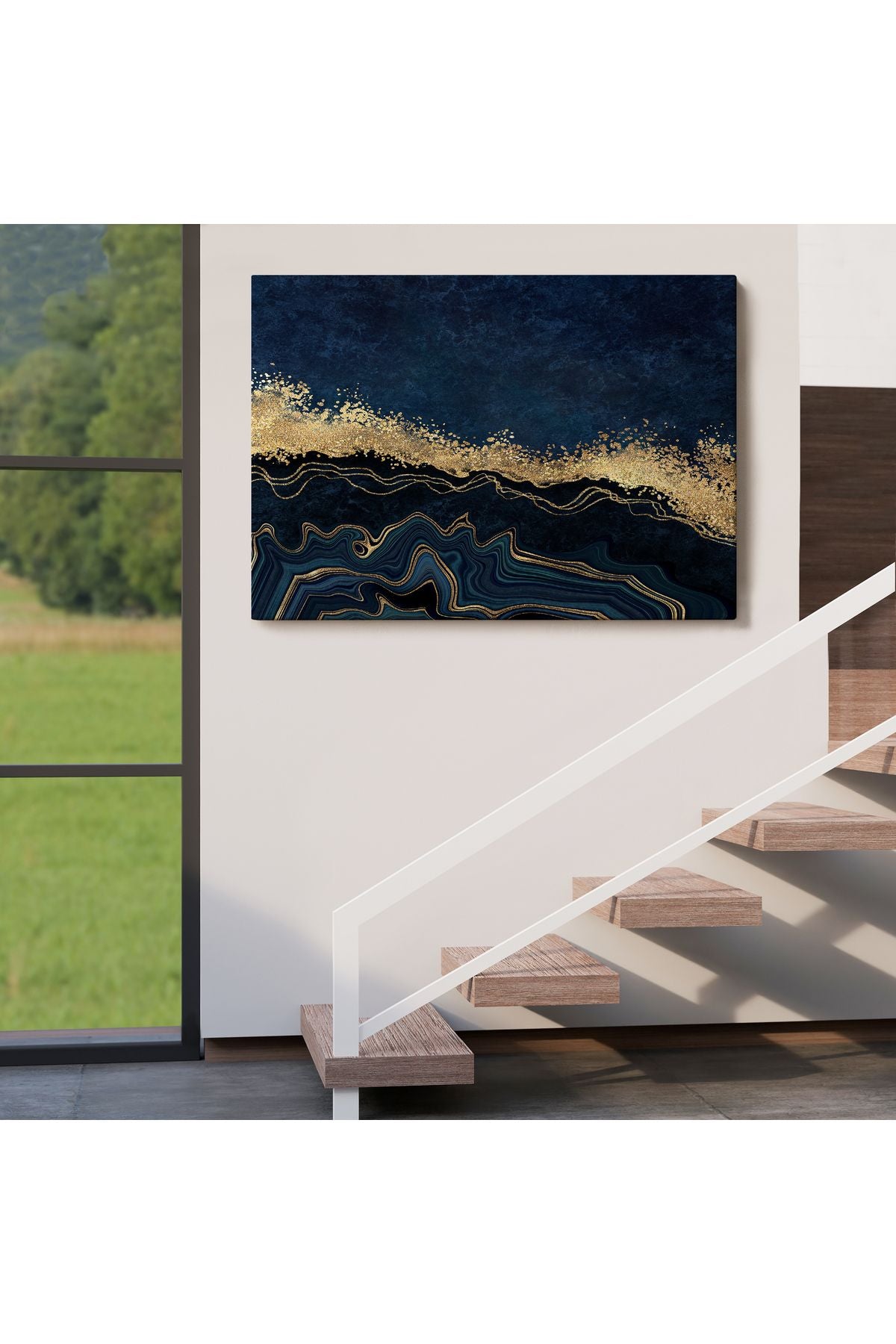 Mavi ve Gold'un Müthiş Uyumu Mermer Görünümlü Modern Kanvas Tablo-5062