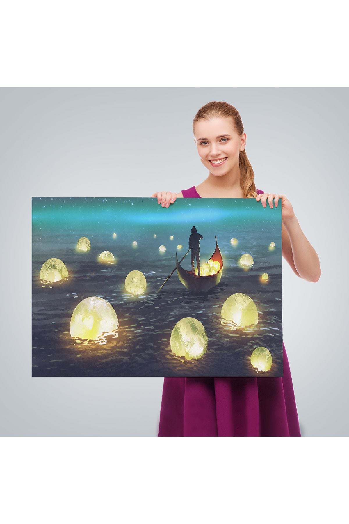 Denize Düşen Ayları Toplayan Adam Yağlıboya Görünüm Tablo-3575