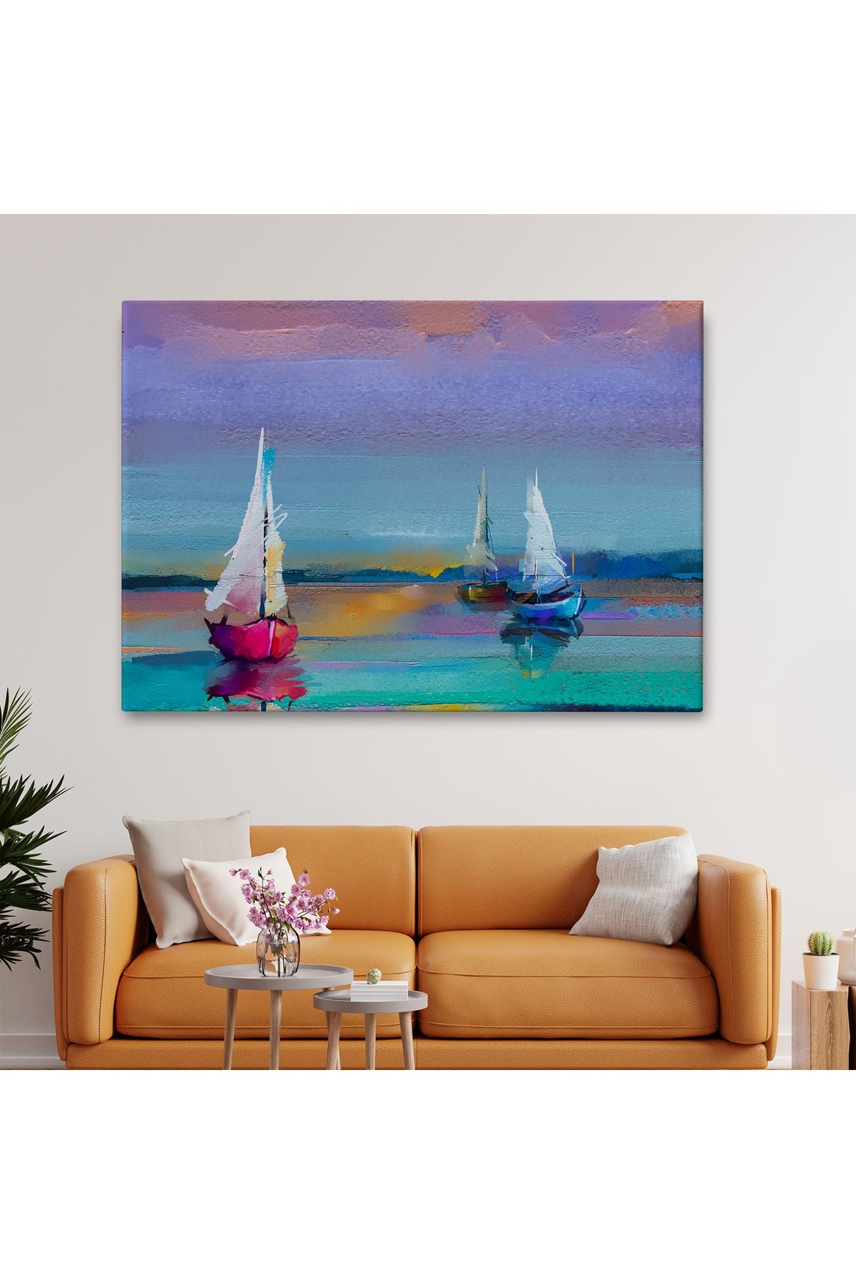 Denizdeki Yelkenliler Yağlıboya Görünüm Dekoratif Kanvas Duvar Tablosu-3616