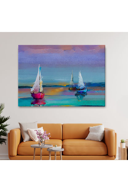 Denizdeki Yelkenliler Yağlıboya Görünüm Dekoratif Kanvas Duvar Tablosu-3616