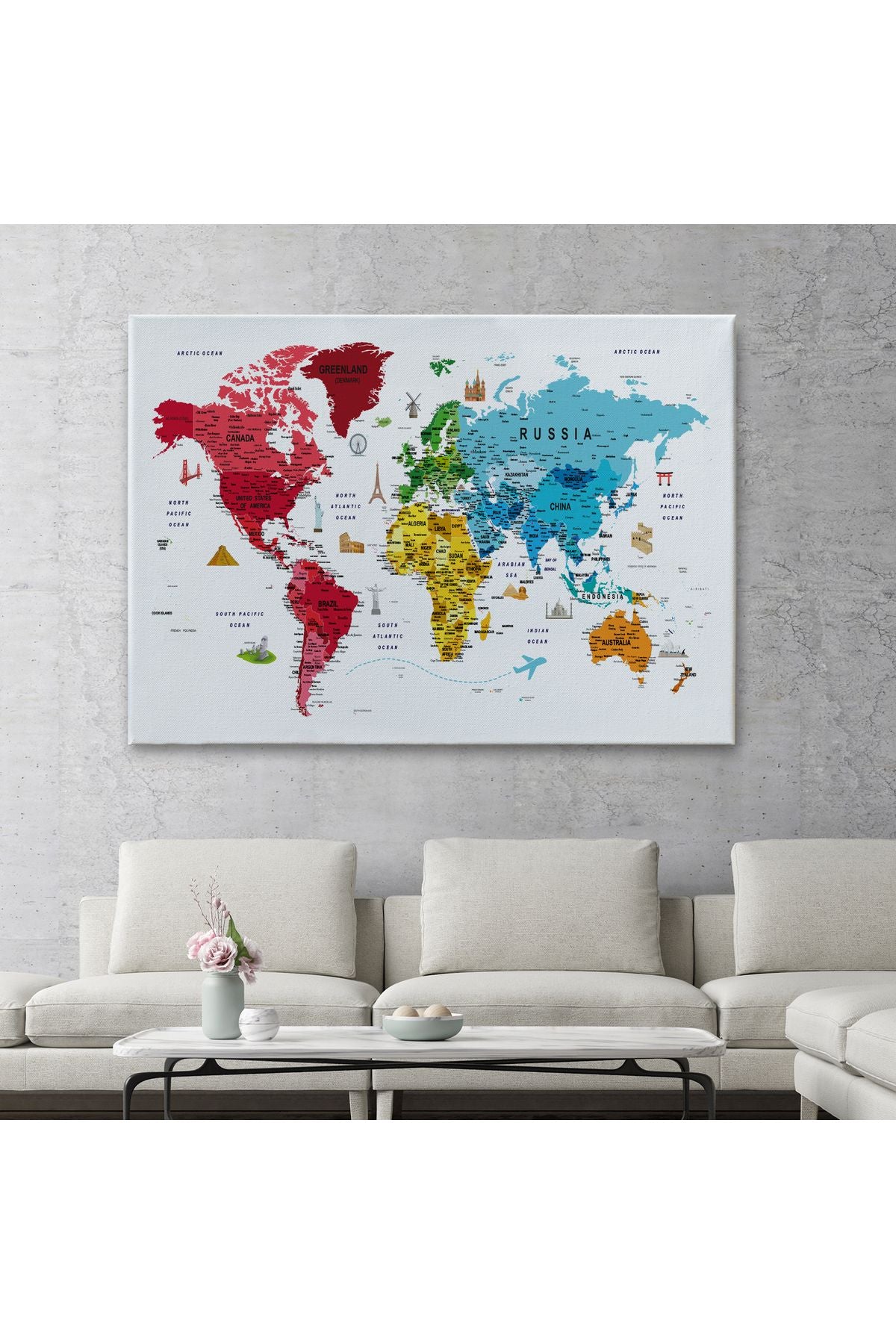 Dünya Haritası Son Derece Ayrıntılı Eğitici  ve Sembollü Dekoratif Kanvas Tablo 3223