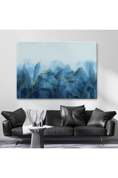 YB Altın Damarlı Soyut Mavi Mermer Taş Dokulu Kanvas Tablo-5042