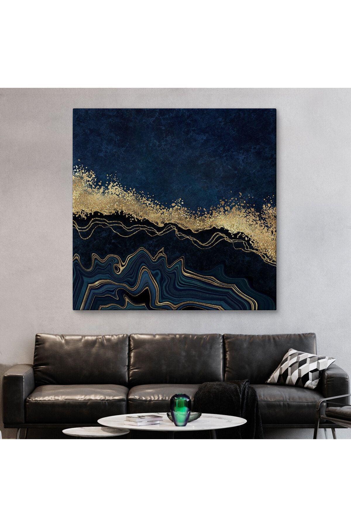 Lacivert ve Gold'un Mükemmel Uyumu Mermer Görünümlü Modern Kanvas Tablo-5065