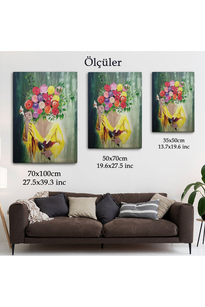 Çiçek Başlı Kadın Portresi Yağlıboya Görünüm Dekoratif Duvar Tablosu-6394