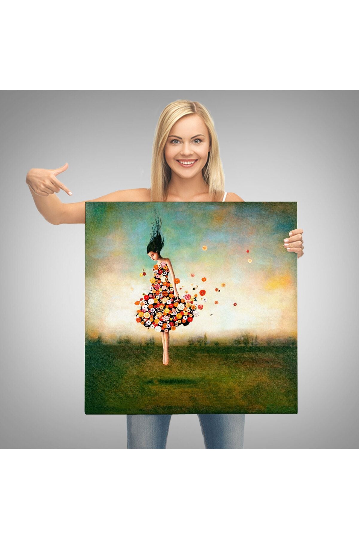 Çiçek Elbiseli Kız Kanvas Tablo-5889