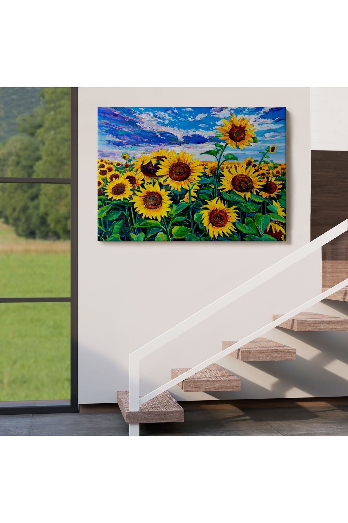 Ayçiçeği Tarlası Yağlıboya Görünüm Dekoratif Kanvas Duvar Tablosu-3750