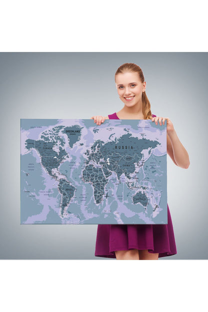 Dünya Haritası Son Derece Ayrıntılı Eğitici Okyanuslu Dekoratif Kanvas Tablo 2513