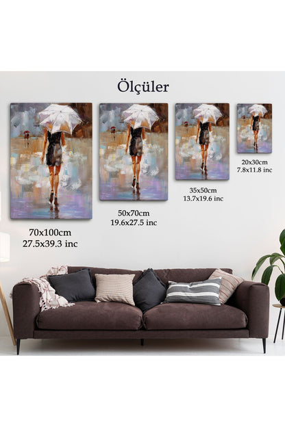 DB  Yağmurda Yürüyen Kadın Yağlıboya Görünüm Dekoratif Kanvas Duvar Tablosu-5928