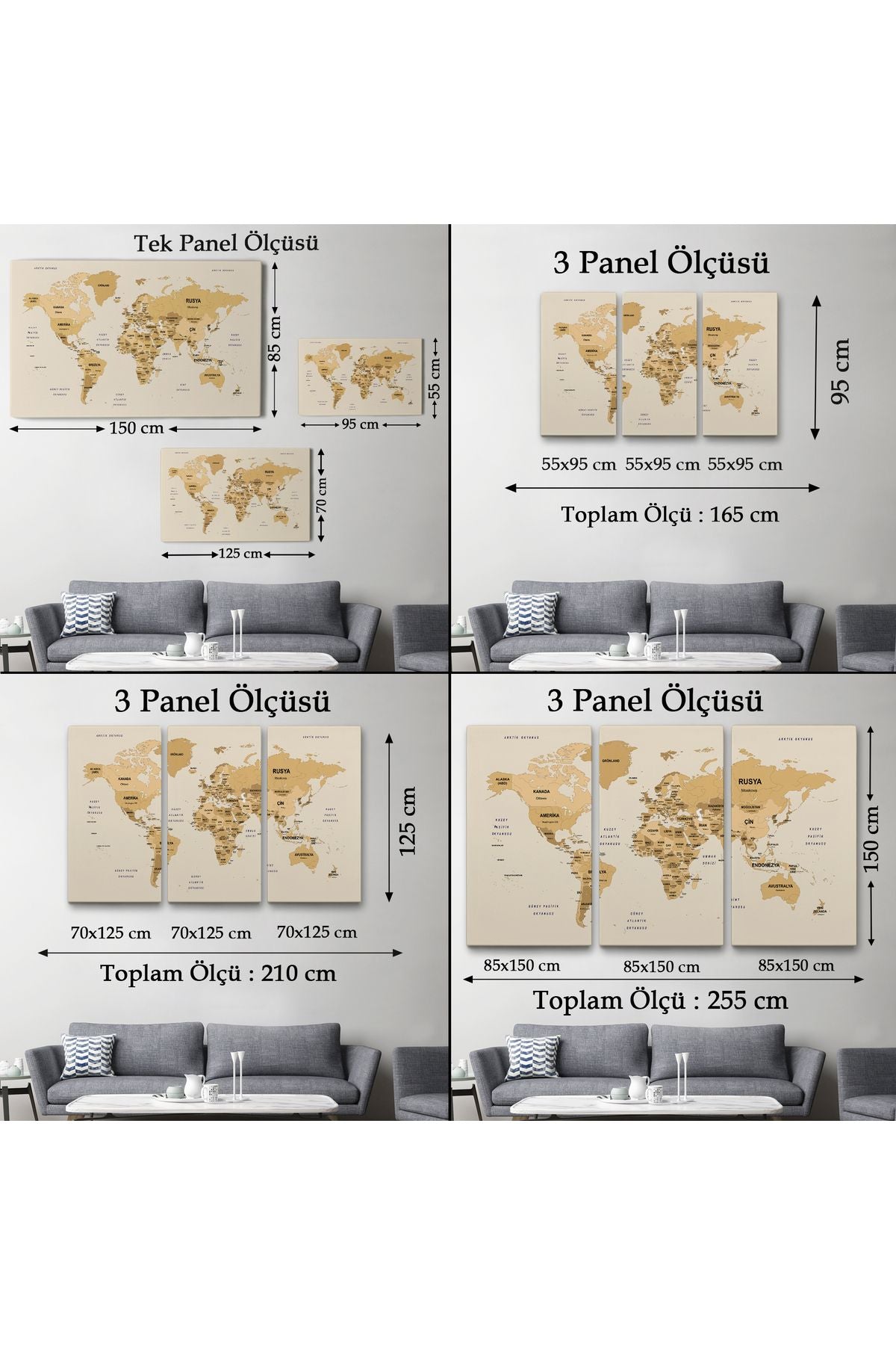 Türkçe Dünya Haritası Kanvas Tablo Ülke Başkent Detaylı ve Dekoratif 2618