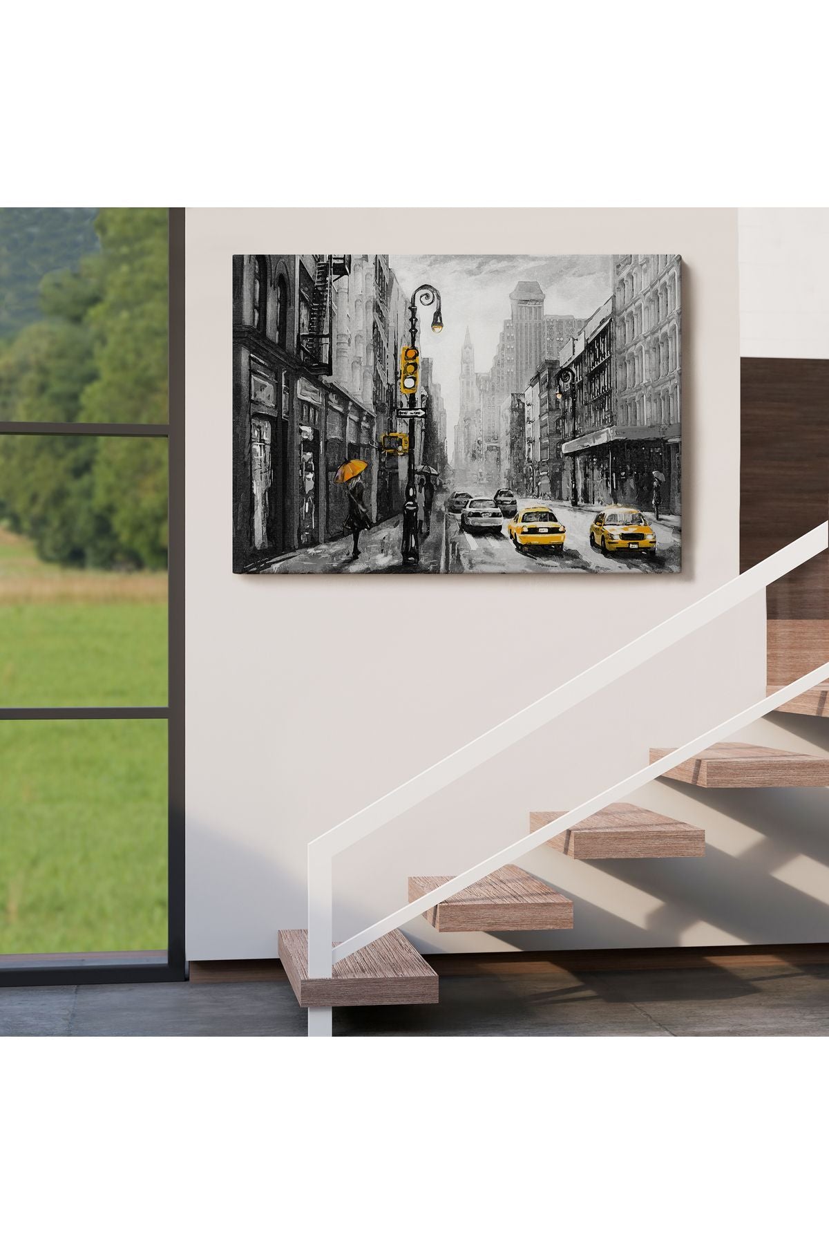New York Sokakları Ve Sarı Taksi Yağlıboya Görünüm Kanvas Tablo-3552