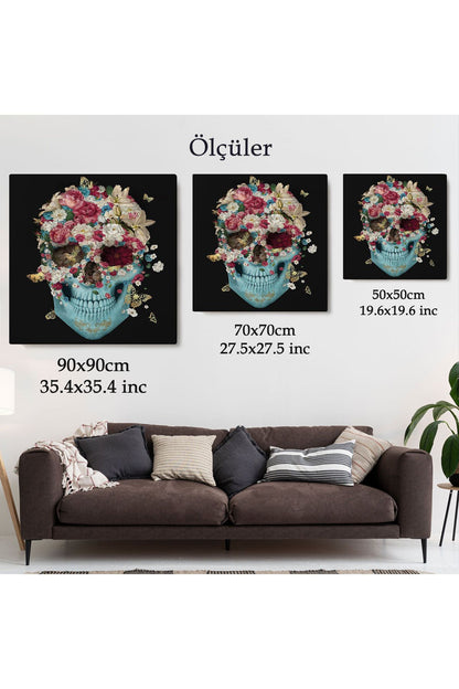 Renkli Çiçeklerle Kafatası Kanvas Tablo, Ölülerin Günü Baskıları, Şeker Kafatası-5332